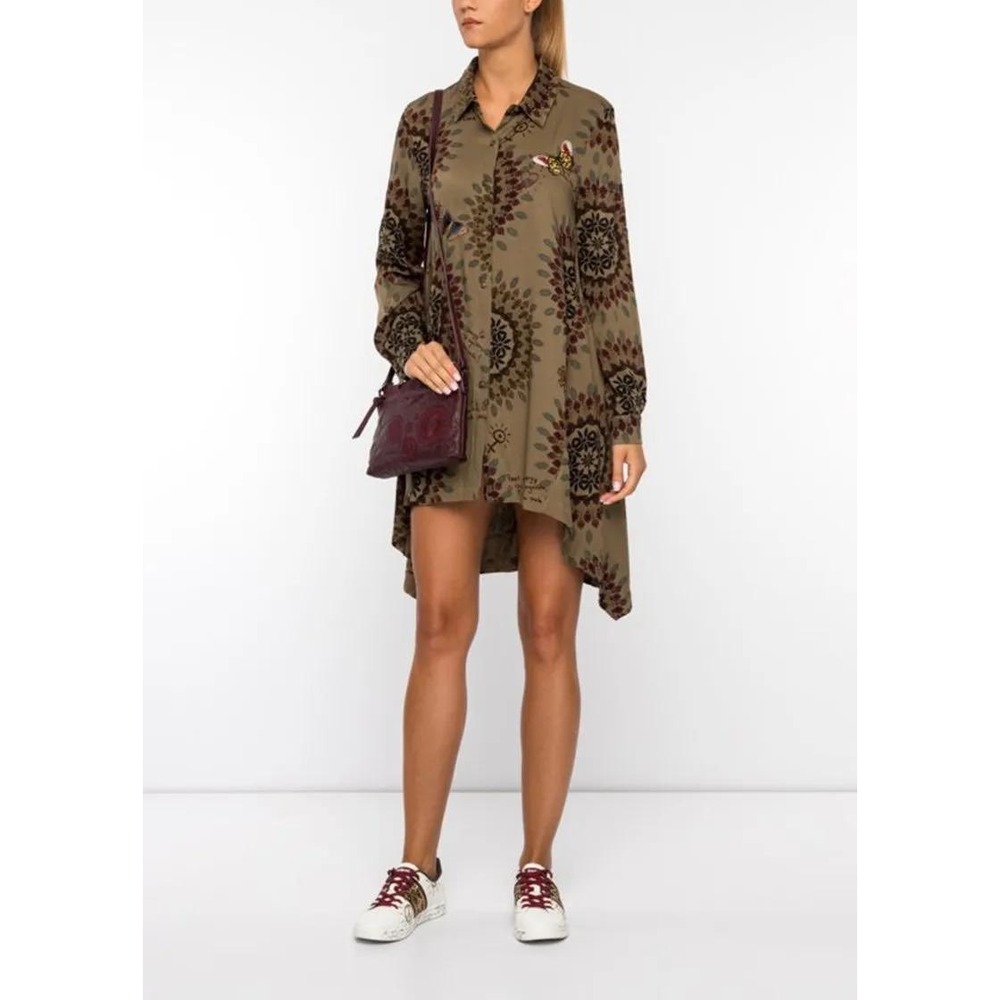 Desigual Butterfly Mandala Studded High Low Shirt Dress Olive Green Womens M